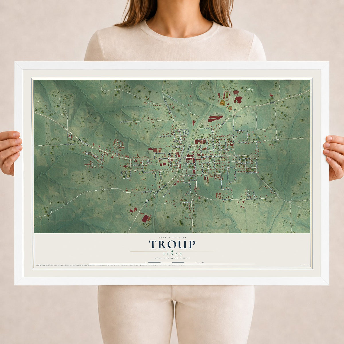 Map of Troup, Texas, 18 x 24 inch print in a white wood frame