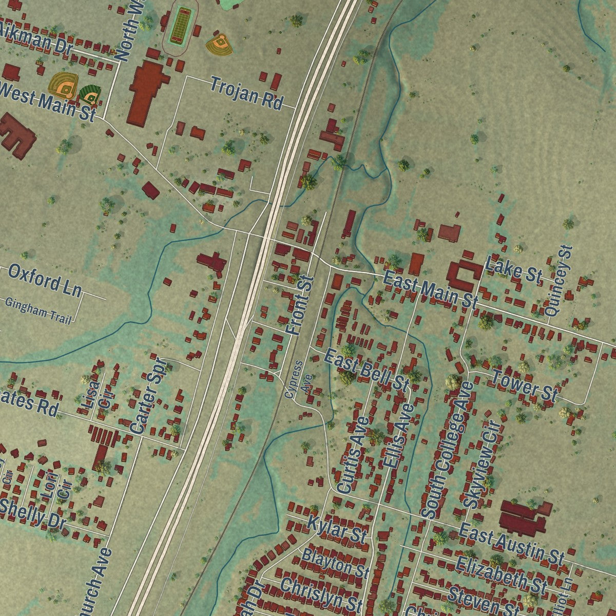 Close-up of the map of Troy, Texas print showing street and building detail