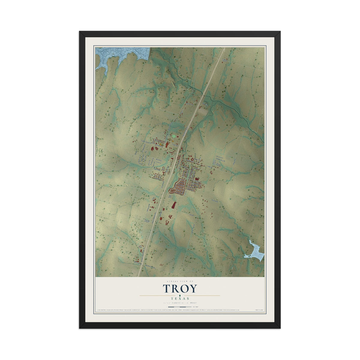 Map of Troy, Texas, 12 x 18 inch print in a black wood frame