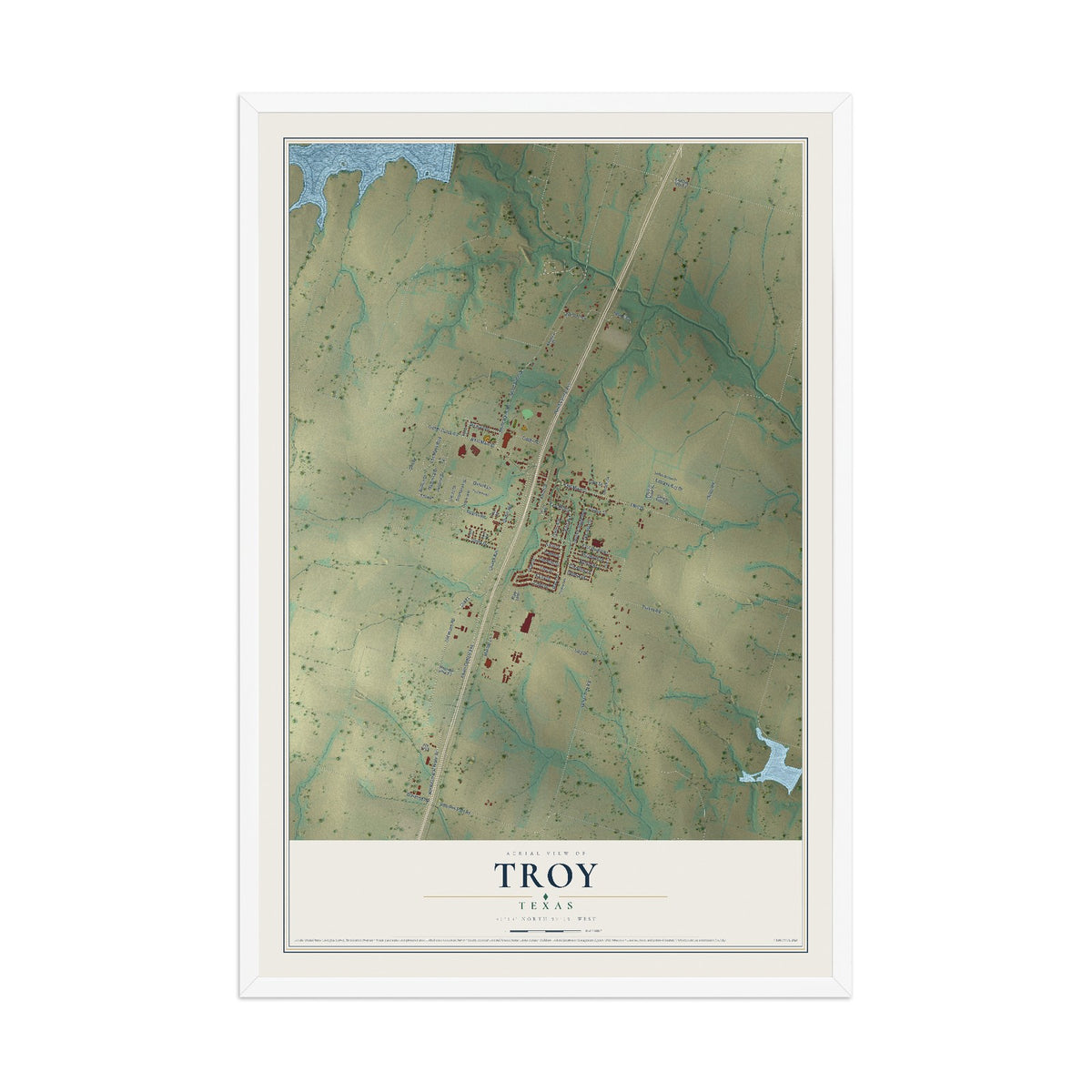 Map of Troy, Texas, 12 x 18 inch print in a white wood frame