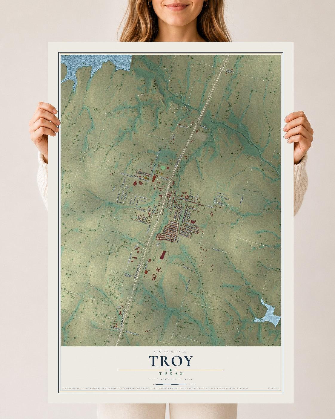 Map of Troy, Texas, 24 x 36 inch unframed archival matte print