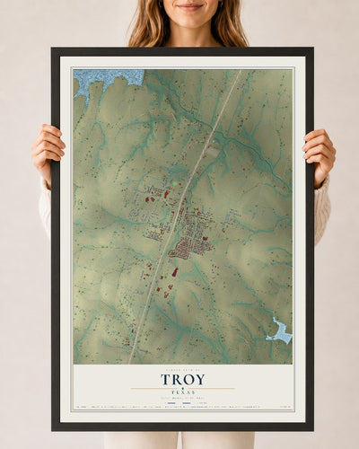 Map of Troy, Texas, 24 x 36 inch print in a black wood frame