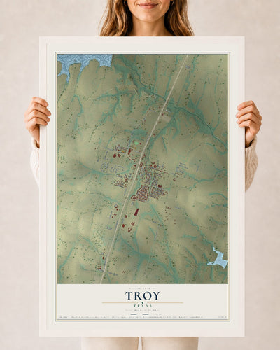 Map of Troy, Texas, 24 x 36 inch print in a white wood frame