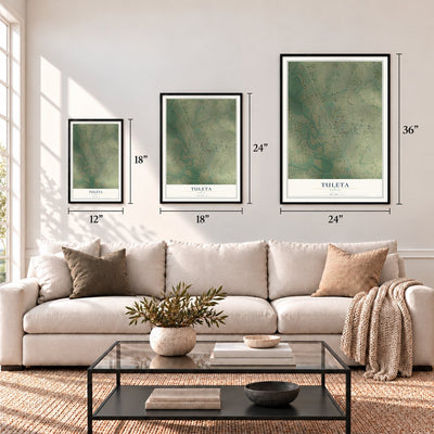 Tuleta, Texas map in 12 x 18, 18 x 24 and 24 x 36 inch sizes above a sofa