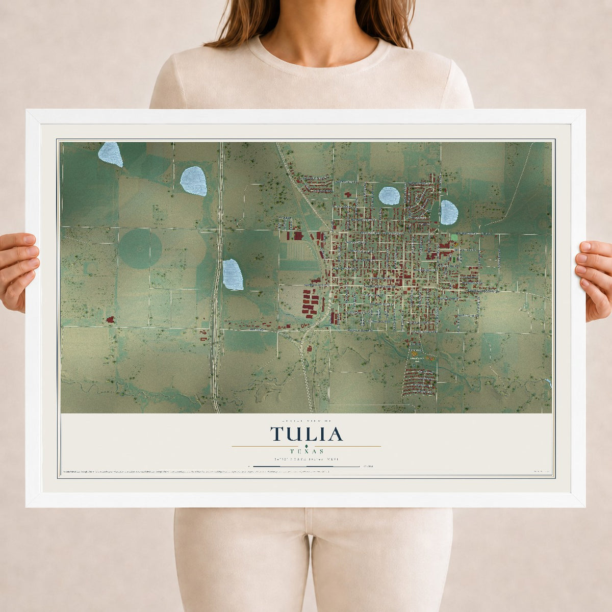 Map of Tulia, Texas, 18 x 24 inch print in a white wood frame
