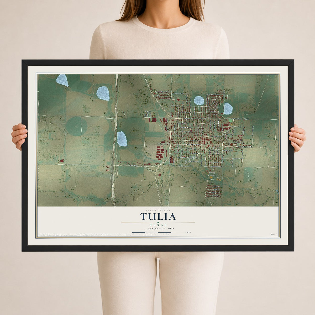 Map of Tulia, Texas, 24 x 36 inch print in a black wood frame