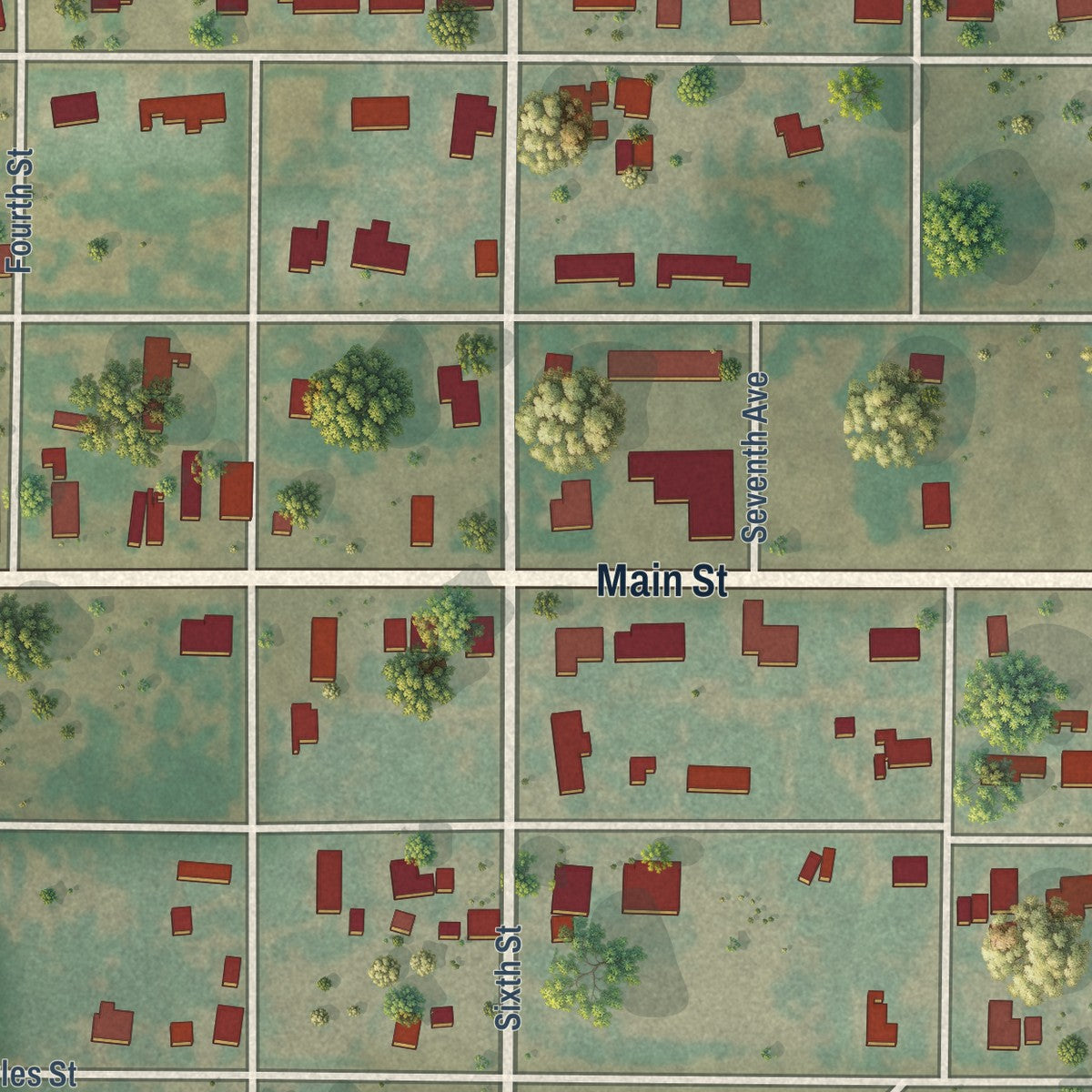Close-up of the map of Turkey, Texas print showing street and building detail