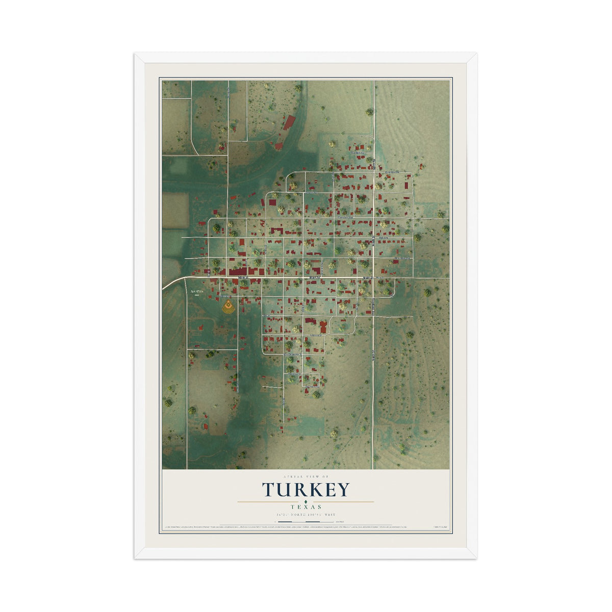 Map of Turkey, Texas, 12 x 18 inch print in a white wood frame
