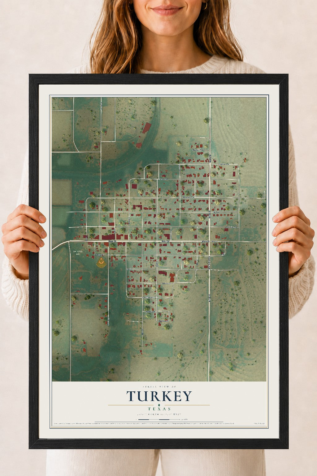 Map of Turkey, Texas, 18 x 24 inch print in a black wood frame