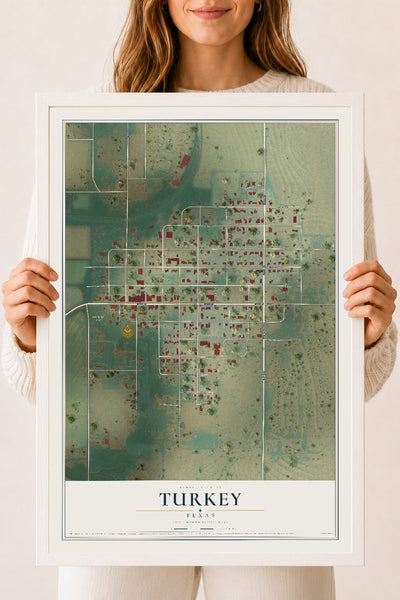 Map of Turkey, Texas, 18 x 24 inch print in a white wood frame