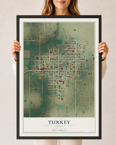 Map of Turkey, Texas, 24 x 36 inch print in a black wood frame