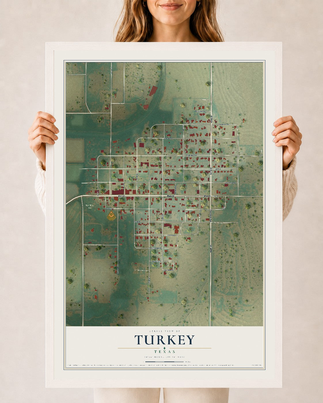 Map of Turkey, Texas, 24 x 36 inch print in a white wood frame