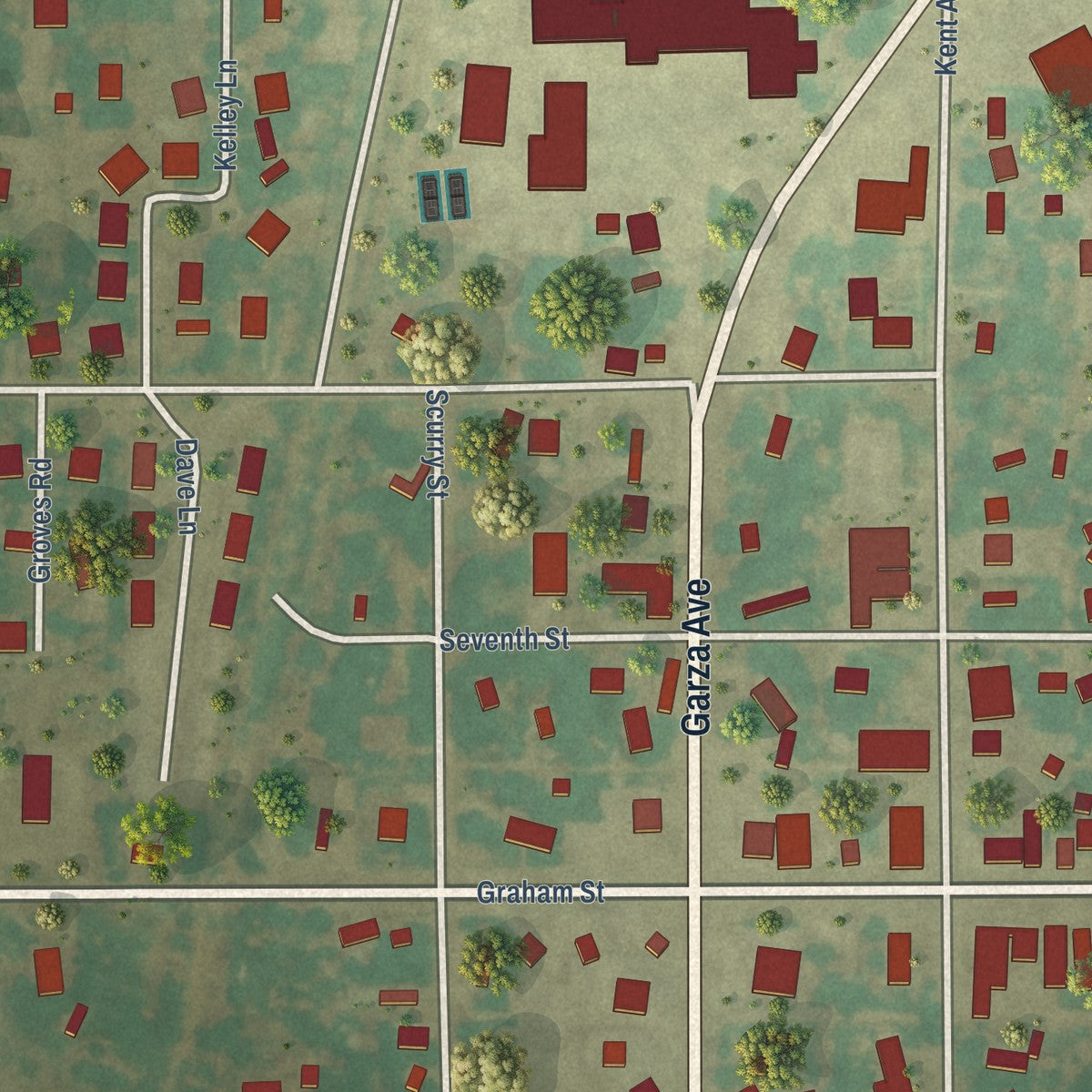 Close-up of the map of Tuscola, Texas print showing street and building detail