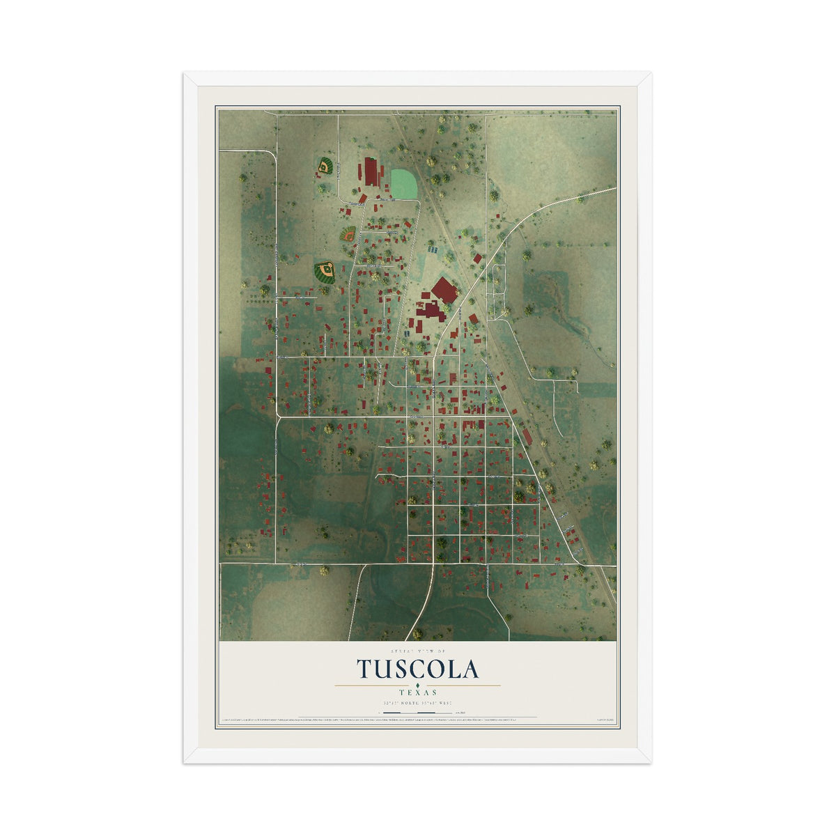 Map of Tuscola, Texas, 12 x 18 inch print in a white wood frame