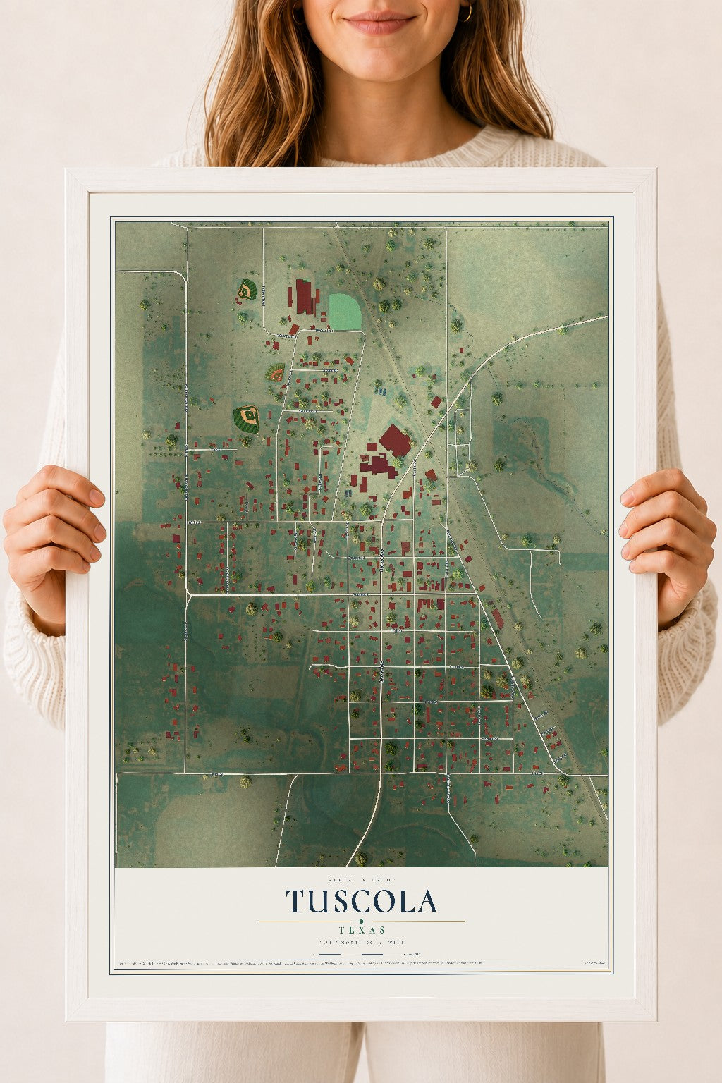 Map of Tuscola, Texas, 18 x 24 inch print in a white wood frame
