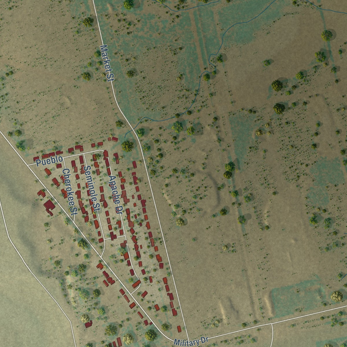 Second close-up of the map of Tye, Texas print showing more streets and buildings