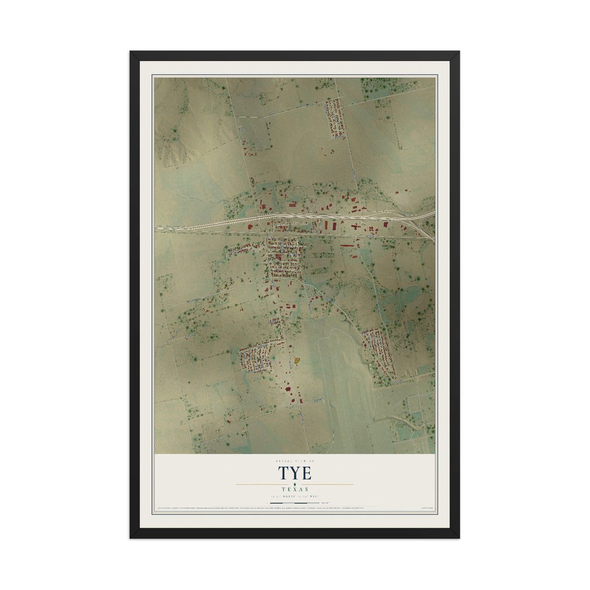 Map of Tye, Texas, 12 x 18 inch print in a black wood frame