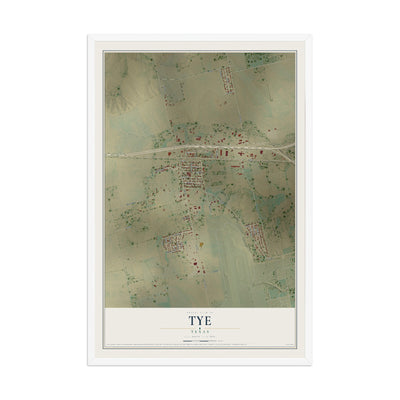 Map of Tye, Texas, 12 x 18 inch print in a white wood frame