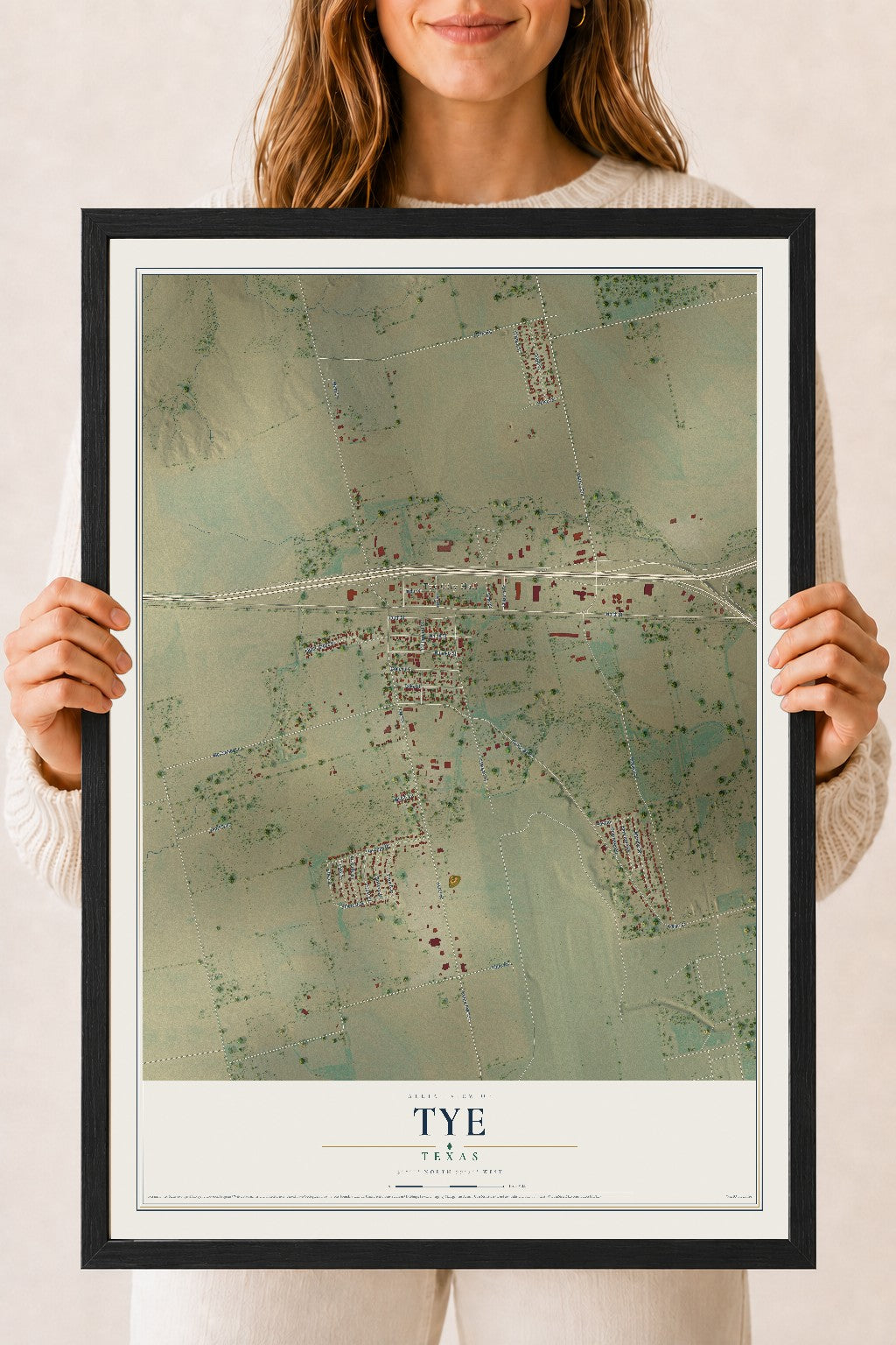 Map of Tye, Texas, 18 x 24 inch print in a black wood frame