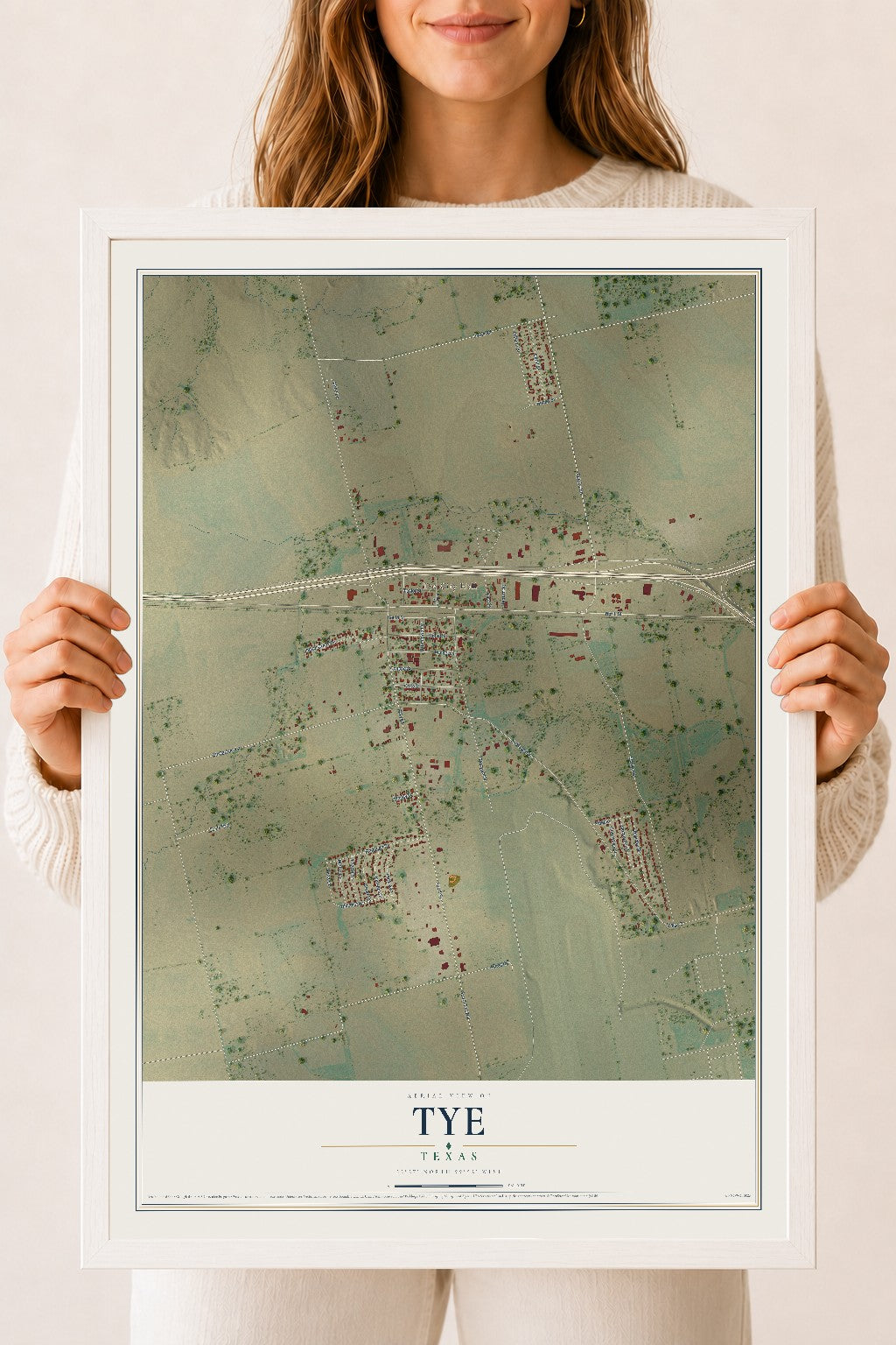 Map of Tye, Texas, 18 x 24 inch print in a white wood frame