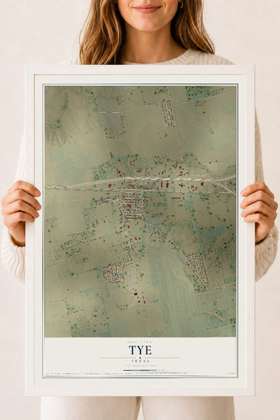 Map of Tye, Texas, 18 x 24 inch print in a white wood frame