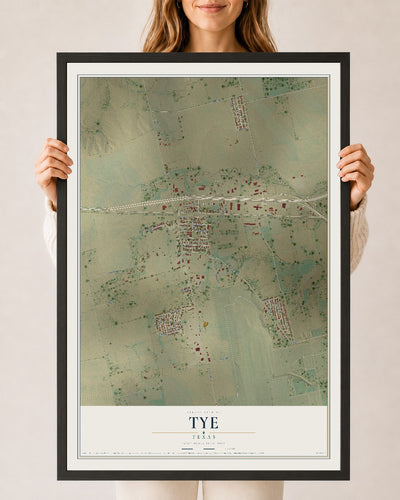 Map of Tye, Texas, 24 x 36 inch print in a black wood frame