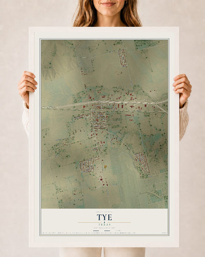 Map of Tye, Texas, 24 x 36 inch print in a white wood frame