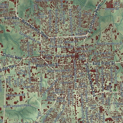 Close-up of the map of Tyler, Texas print showing street and building detail