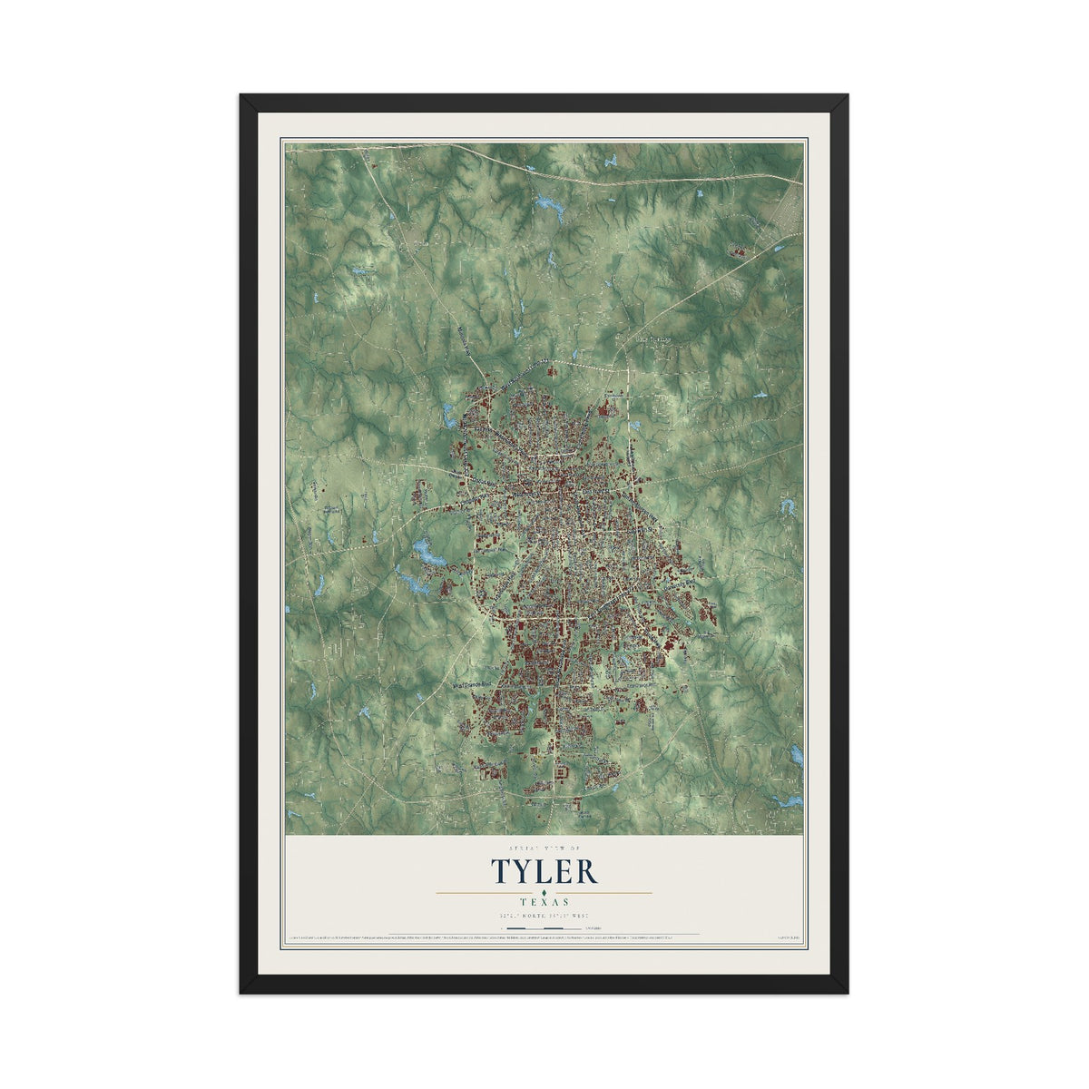 Map of Tyler, Texas, 12 x 18 inch print in a black wood frame