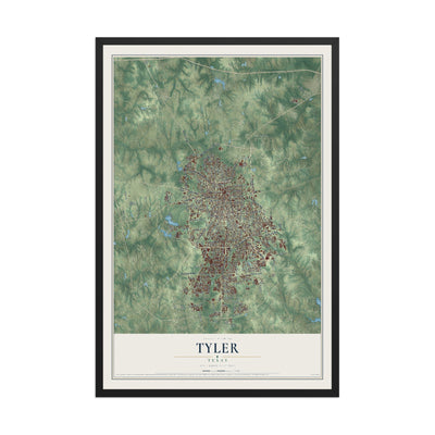 Map of Tyler, Texas, 12 x 18 inch print in a black wood frame