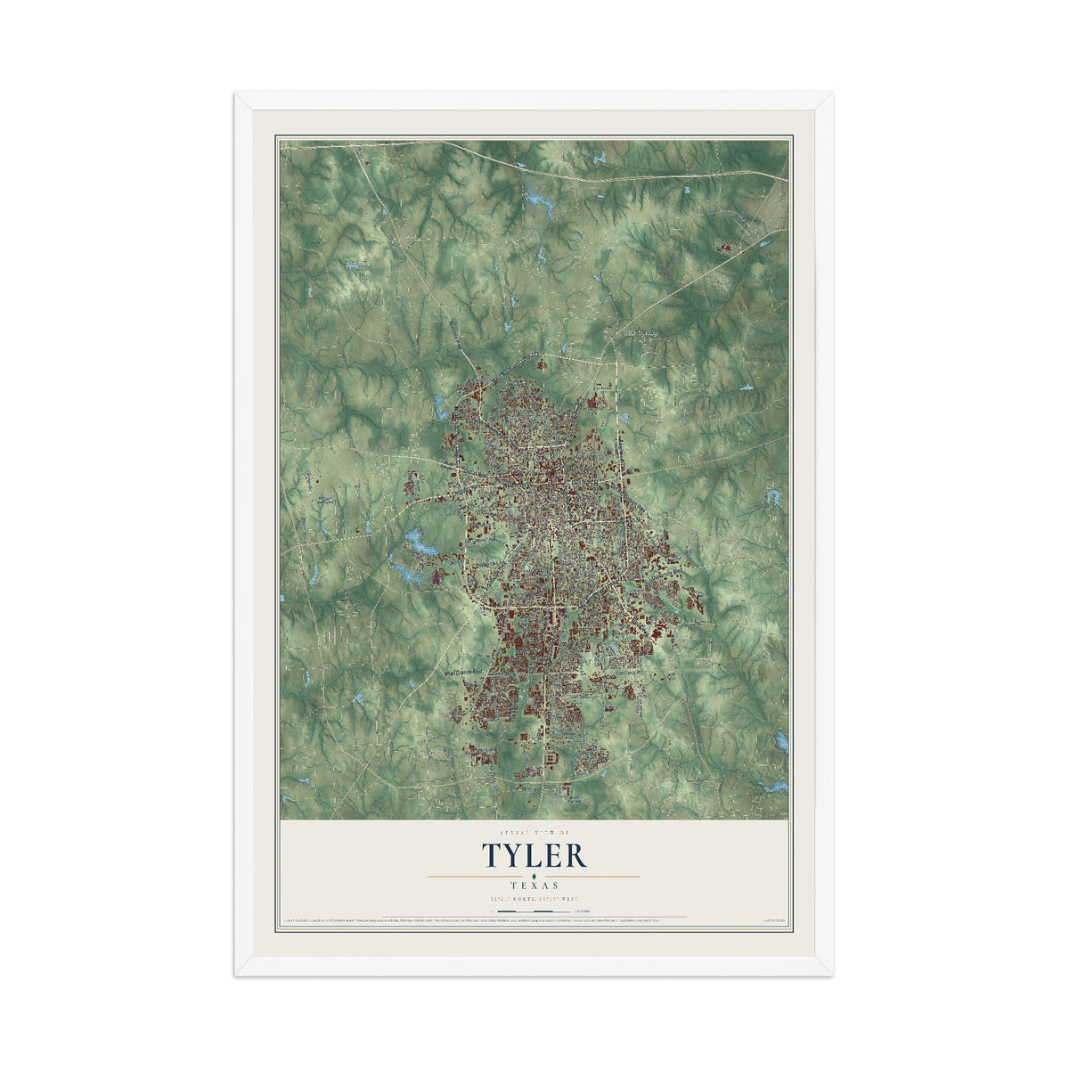 Map of Tyler, Texas, 12 x 18 inch print in a white wood frame