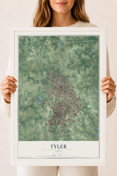 Map of Tyler, Texas, 18 x 24 inch print in a white wood frame