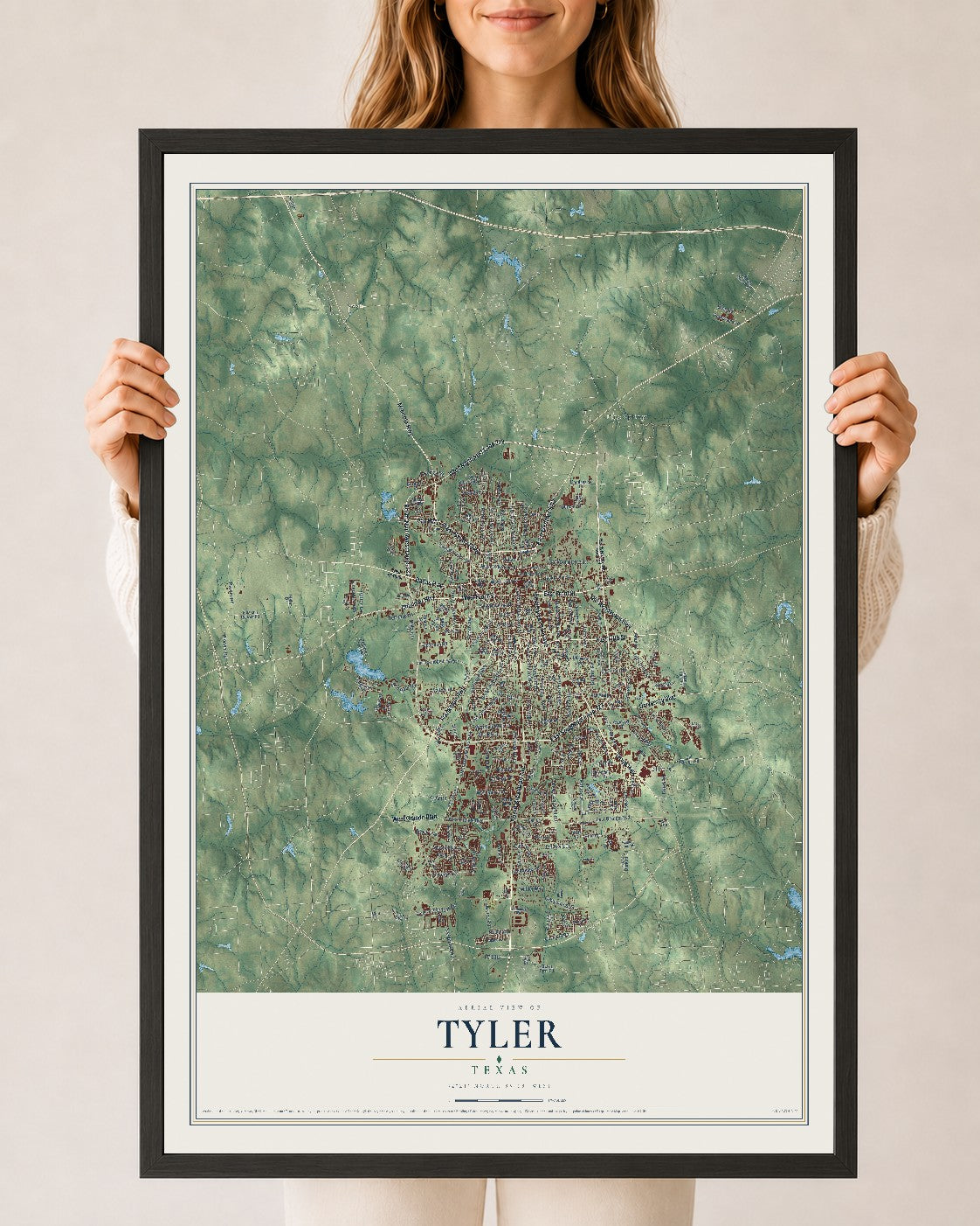 Map of Tyler, Texas, 24 x 36 inch print in a black wood frame
