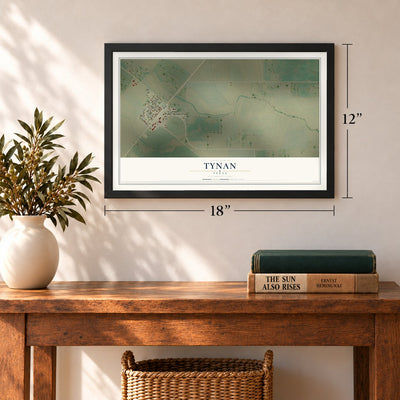 Tynan, Texas map, 12 x 18 inch print in a black frame in an entryway