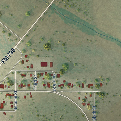 Close-up of the map of Tynan, Texas print showing street and building detail