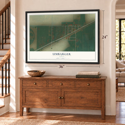 Umbarger, Texas map, 24 x 36 inch print in a black frame above a dresser by a staircase