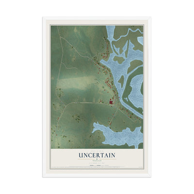 Map of Uncertain, Texas, 12 x 18 inch print in a white wood frame