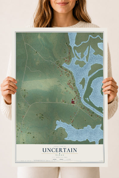 Map of Uncertain, Texas, 18 x 24 inch unframed archival matte print