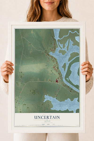 Map of Uncertain, Texas, 18 x 24 inch print in a white wood frame
