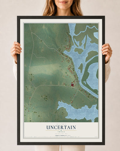 Map of Uncertain, Texas, 24 x 36 inch print in a black wood frame