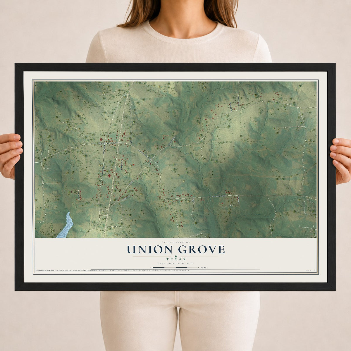 Map of Union Grove, Texas, 18 x 24 inch print in a black wood frame