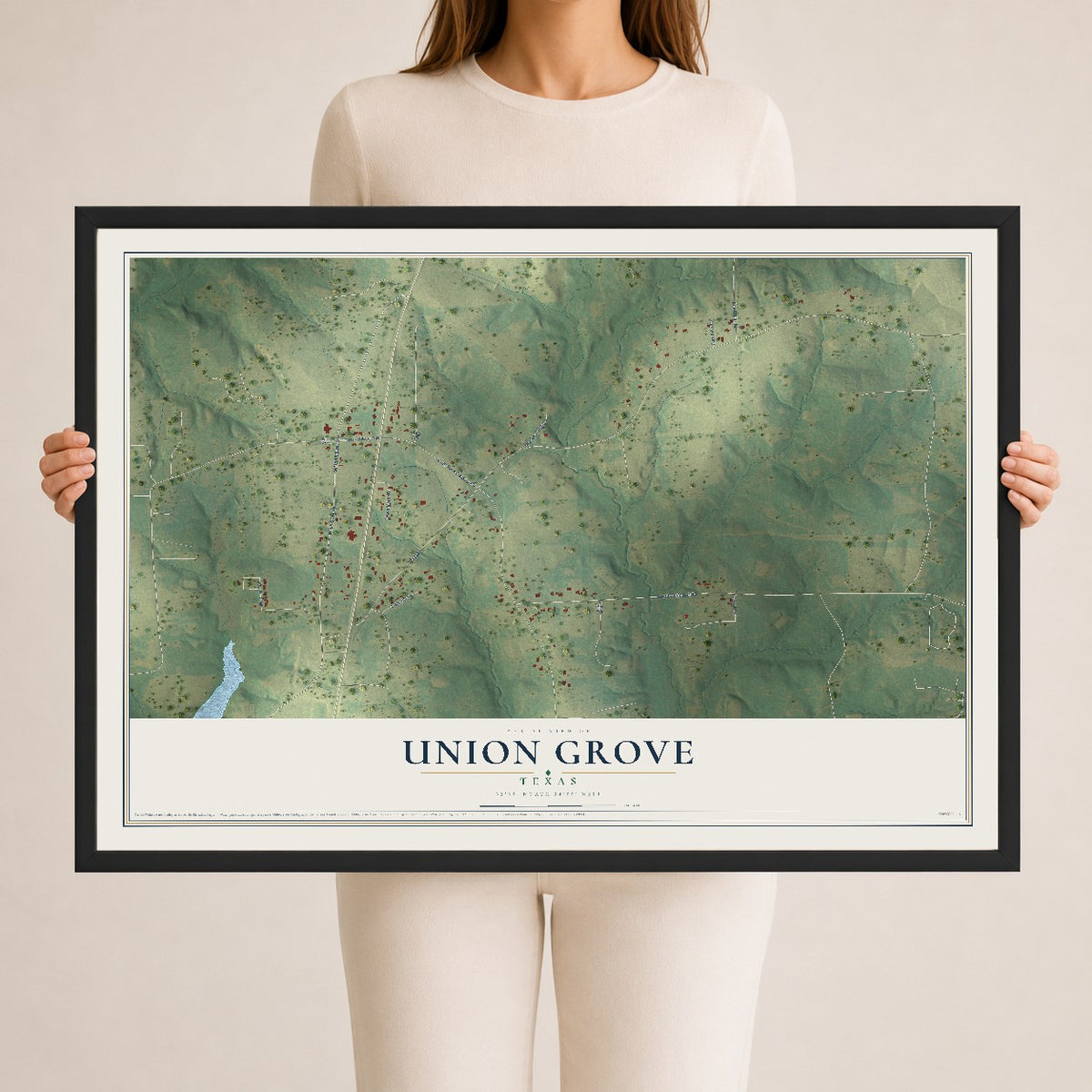 Map of Union Grove, Texas, 24 x 36 inch print in a black wood frame
