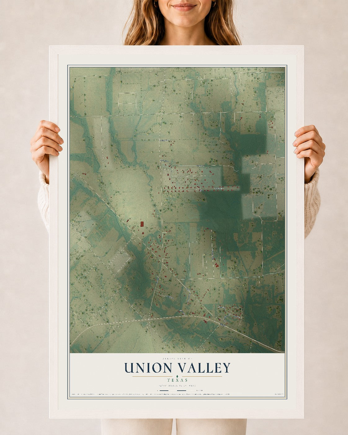 Map of Union Valley, Texas, 24 x 36 inch print in a white wood frame