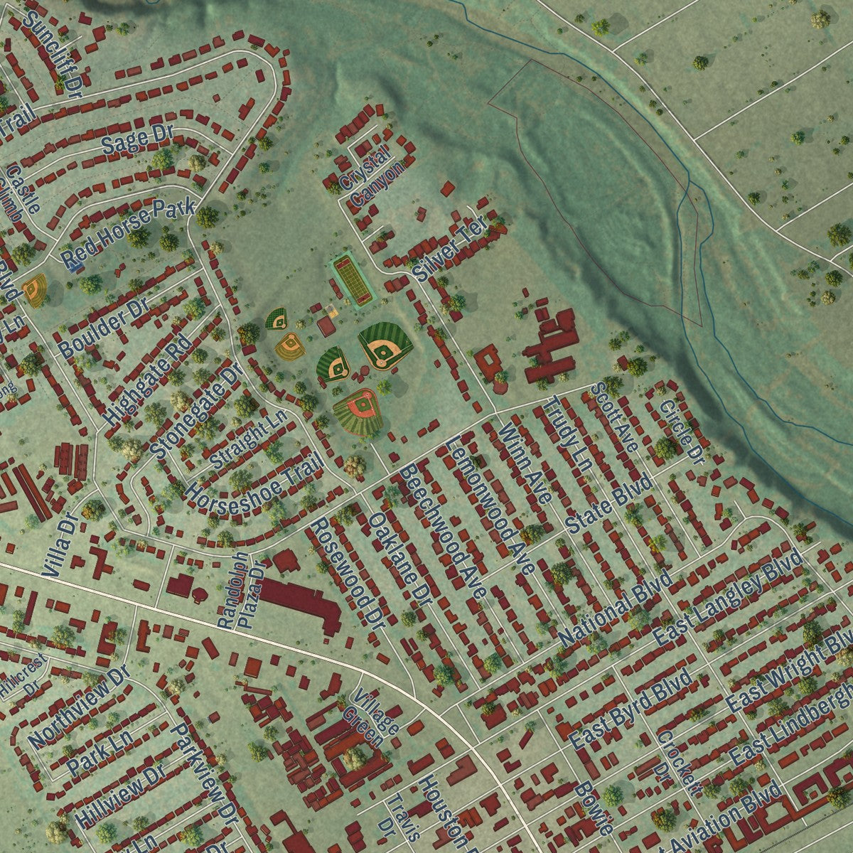 Second close-up of the map of Universal City, Texas print showing more streets and buildings