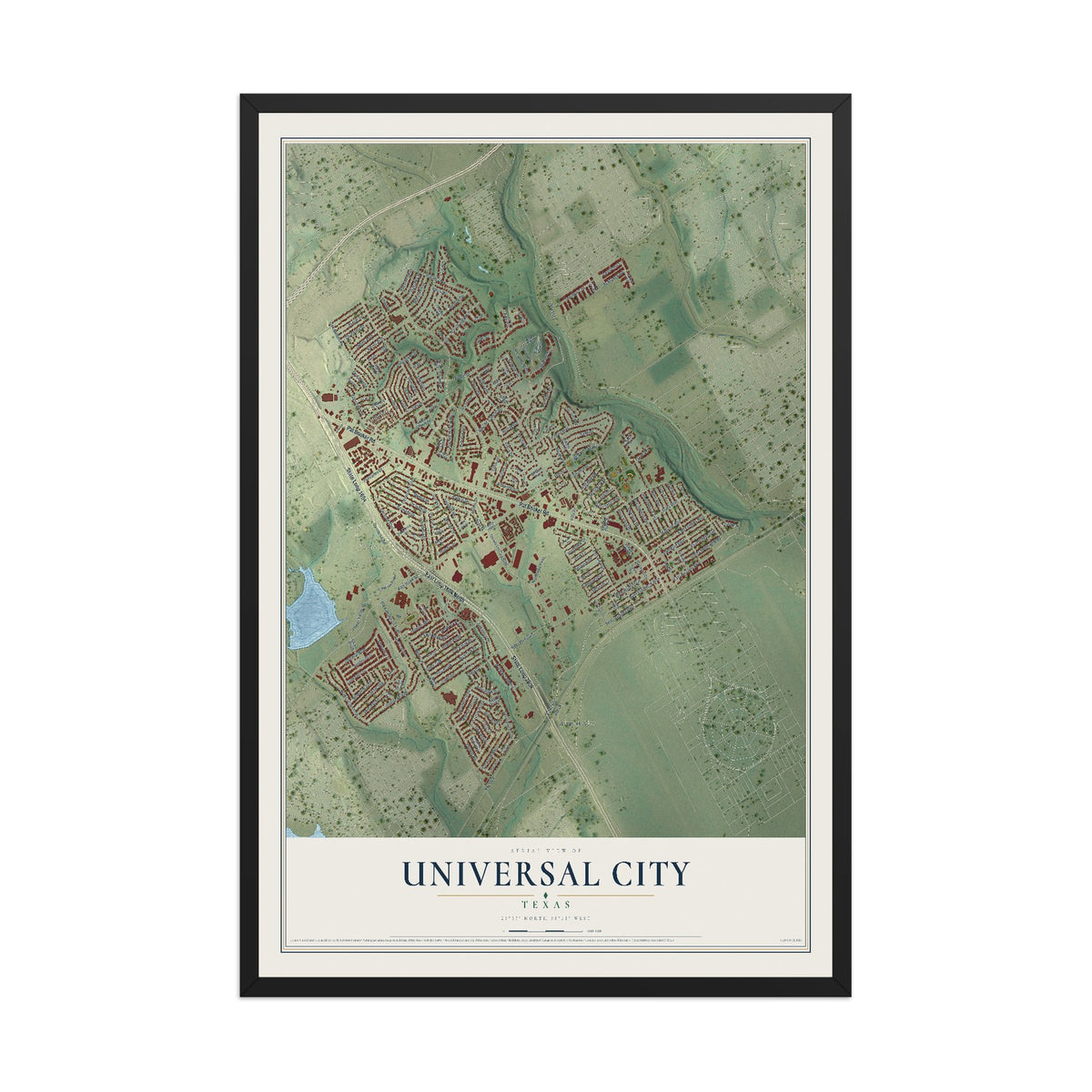 Map of Universal City, Texas, 12 x 18 inch print in a black wood frame