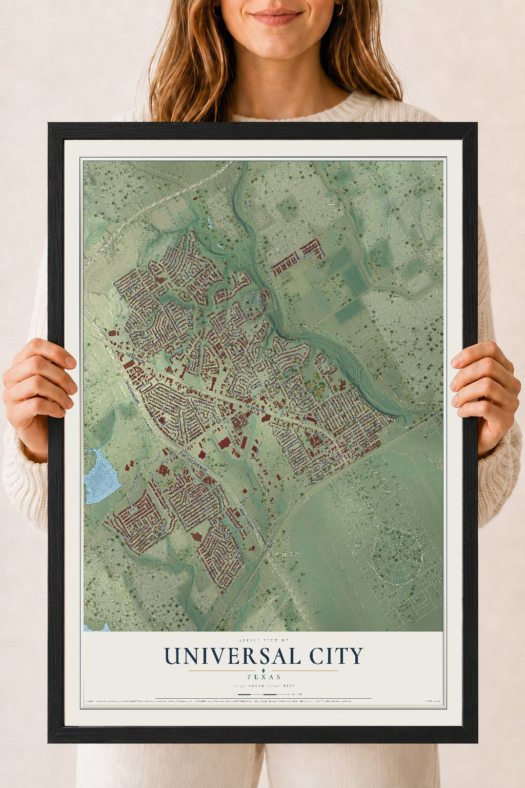 Map of Universal City, Texas, 18 x 24 inch print in a black wood frame