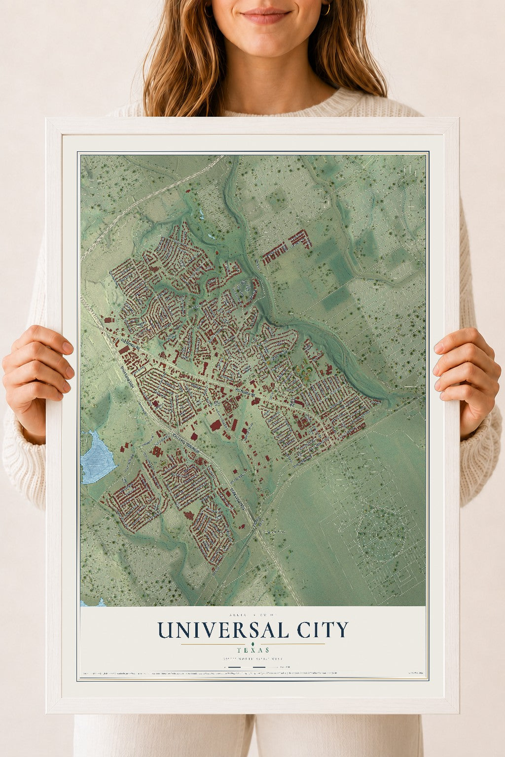 Map of Universal City, Texas, 18 x 24 inch print in a white wood frame
