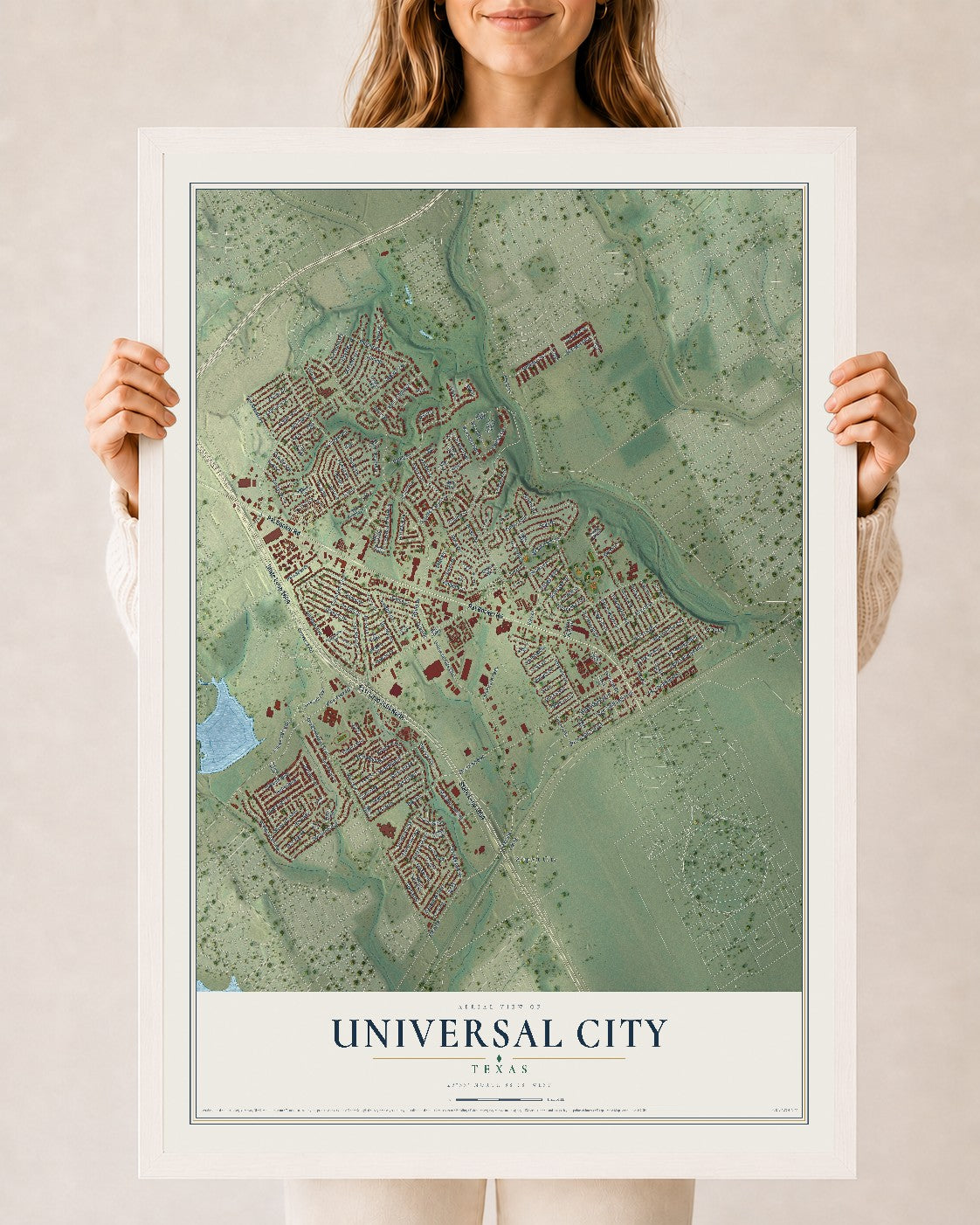 Map of Universal City, Texas, 24 x 36 inch print in a white wood frame