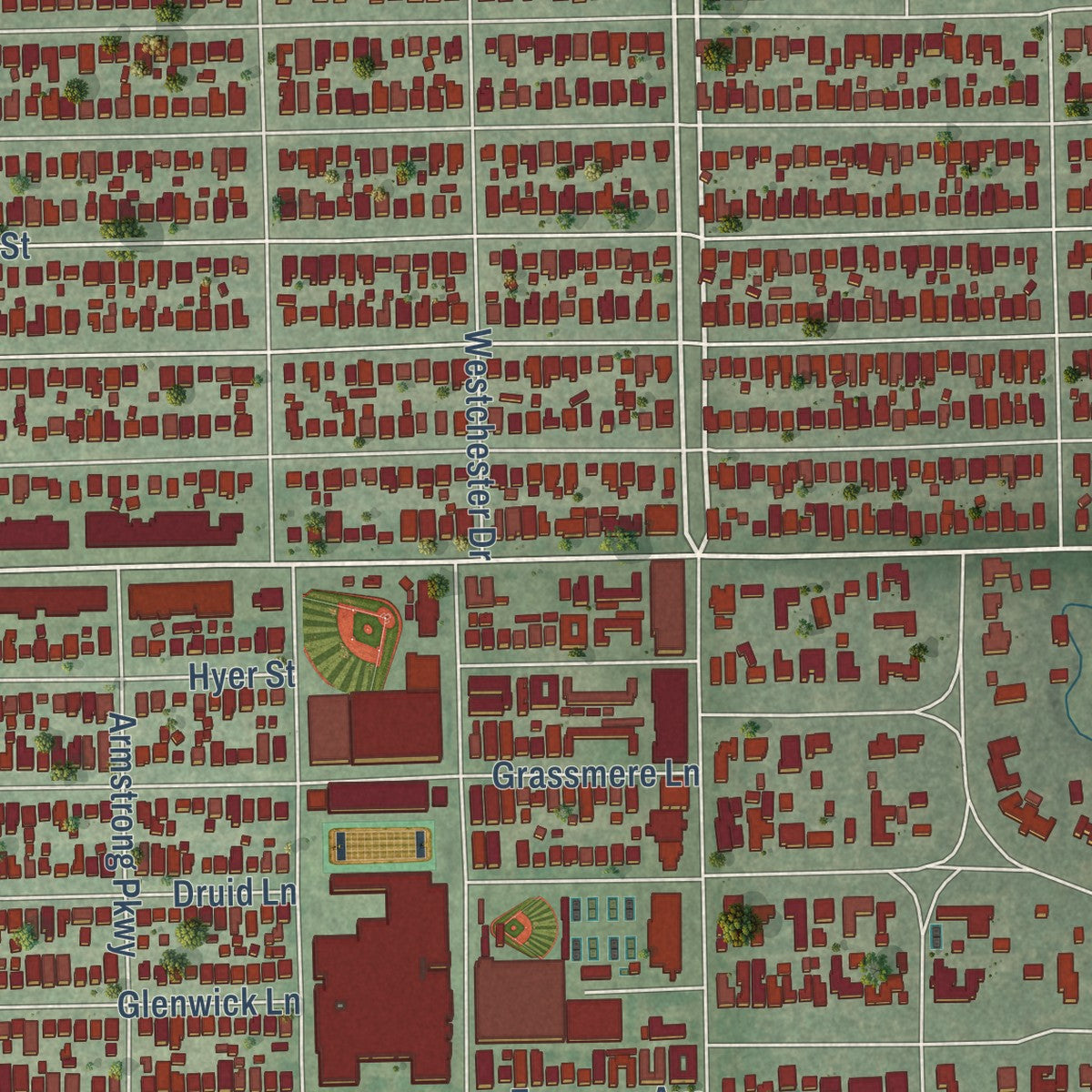 Second close-up of the map of University Park, Texas print showing more streets and buildings
