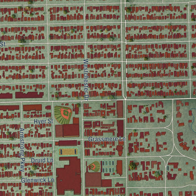 Second close-up of the map of University Park, Texas print showing more streets and buildings